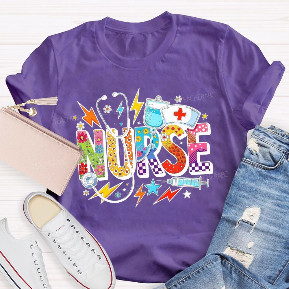 Colorful School Nurse Leopard Floral Nurse T-shirt