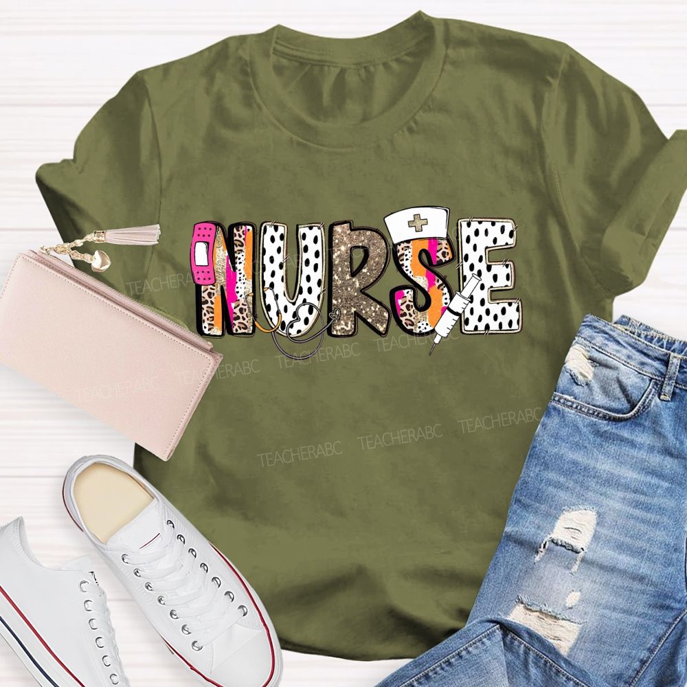 School Nurse Pink Leopard Glitter Teacher T-Shirt
