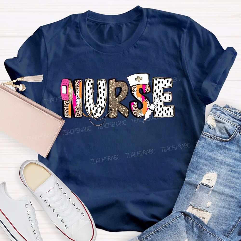 School Nurse Pink Leopard Glitter Teacher T-Shirt