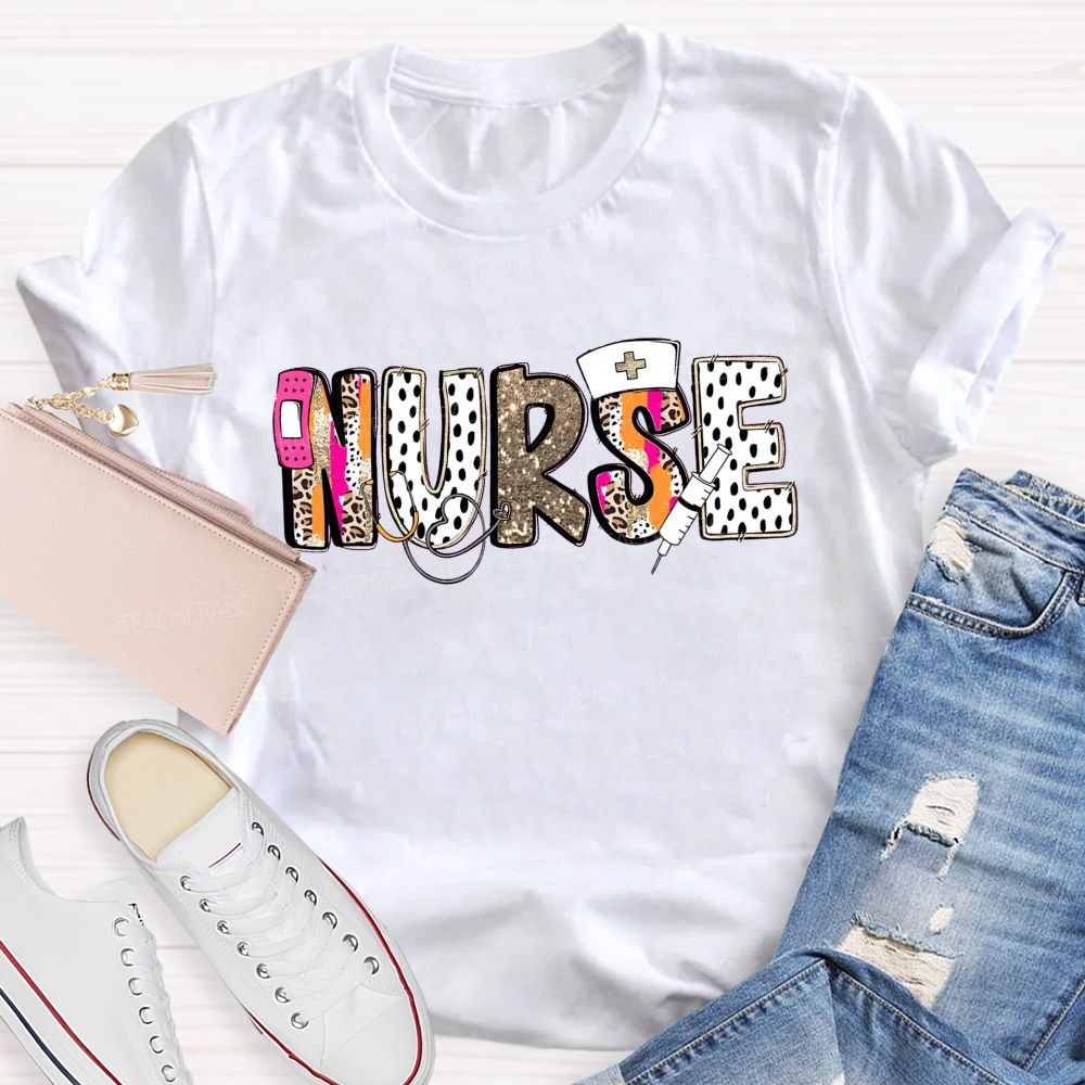 School Nurse Pink Leopard Glitter Teacher T-Shirt