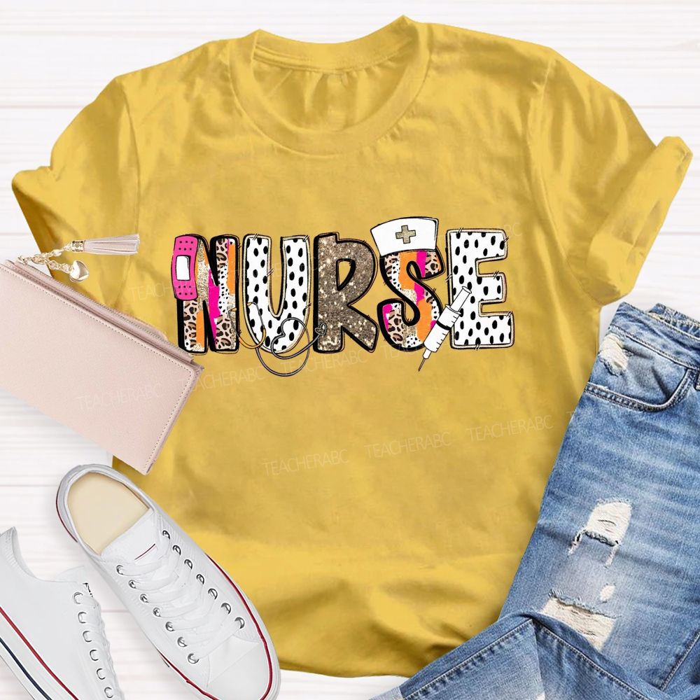 School Nurse Pink Leopard Glitter Teacher T-Shirt
