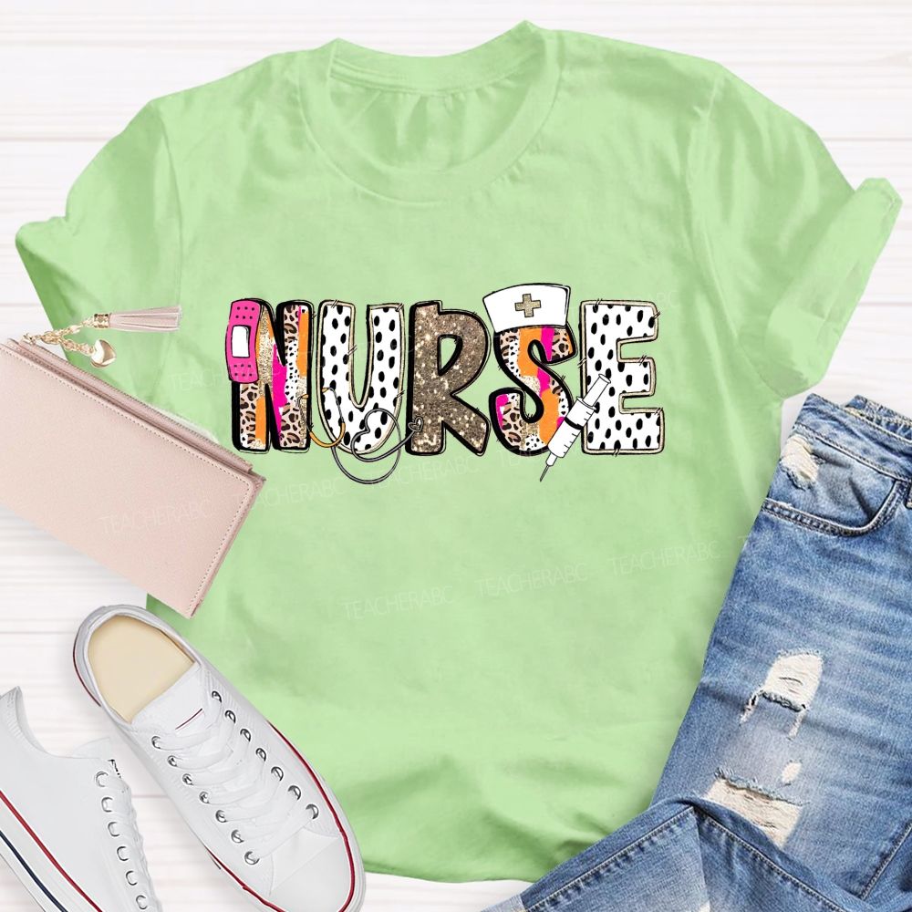 School Nurse Pink Leopard Glitter Teacher T-Shirt