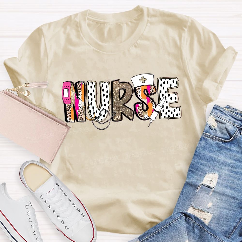 School Nurse Pink Leopard Glitter Teacher T-Shirt