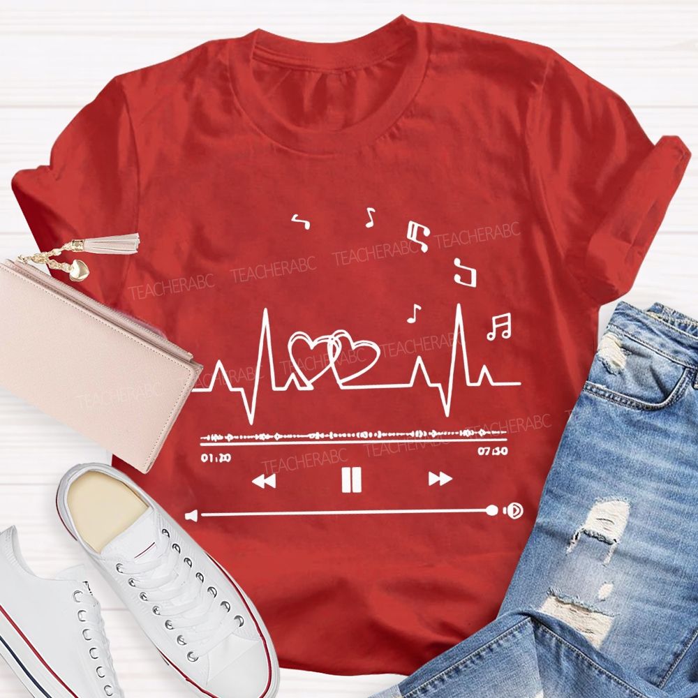 Heartbeat Music Player Double Hearts Musical Notes Teacher T-shirt