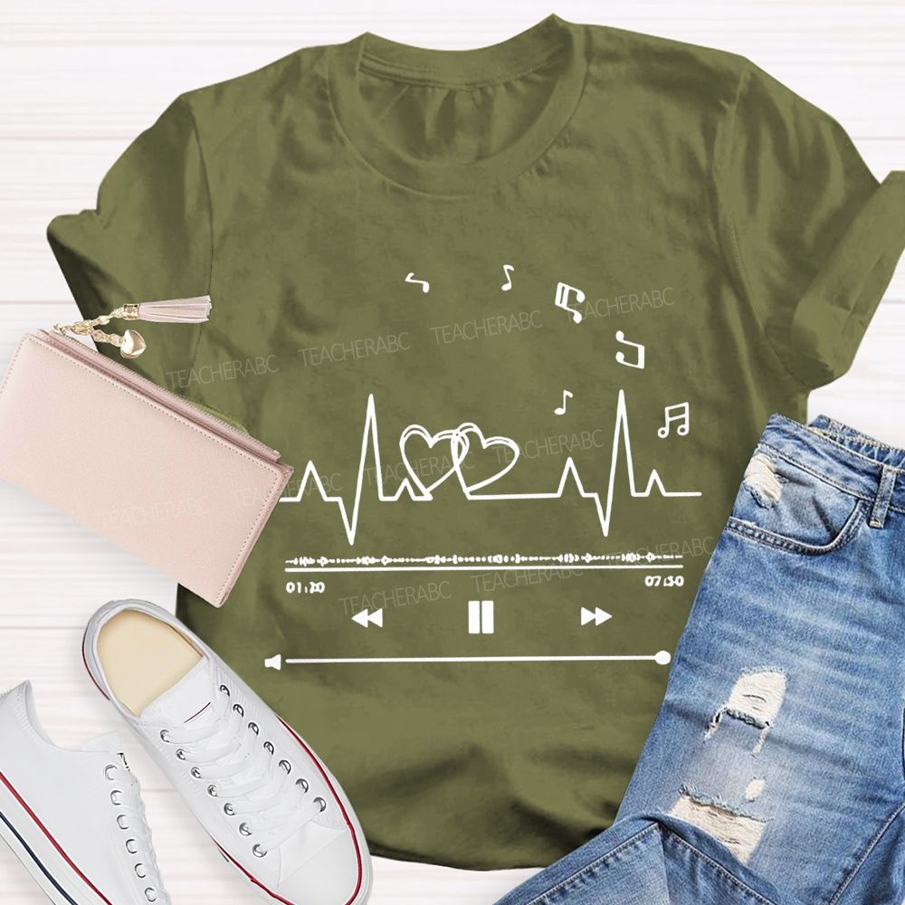 Heartbeat Music Player Double Hearts Musical Notes Teacher T-shirt