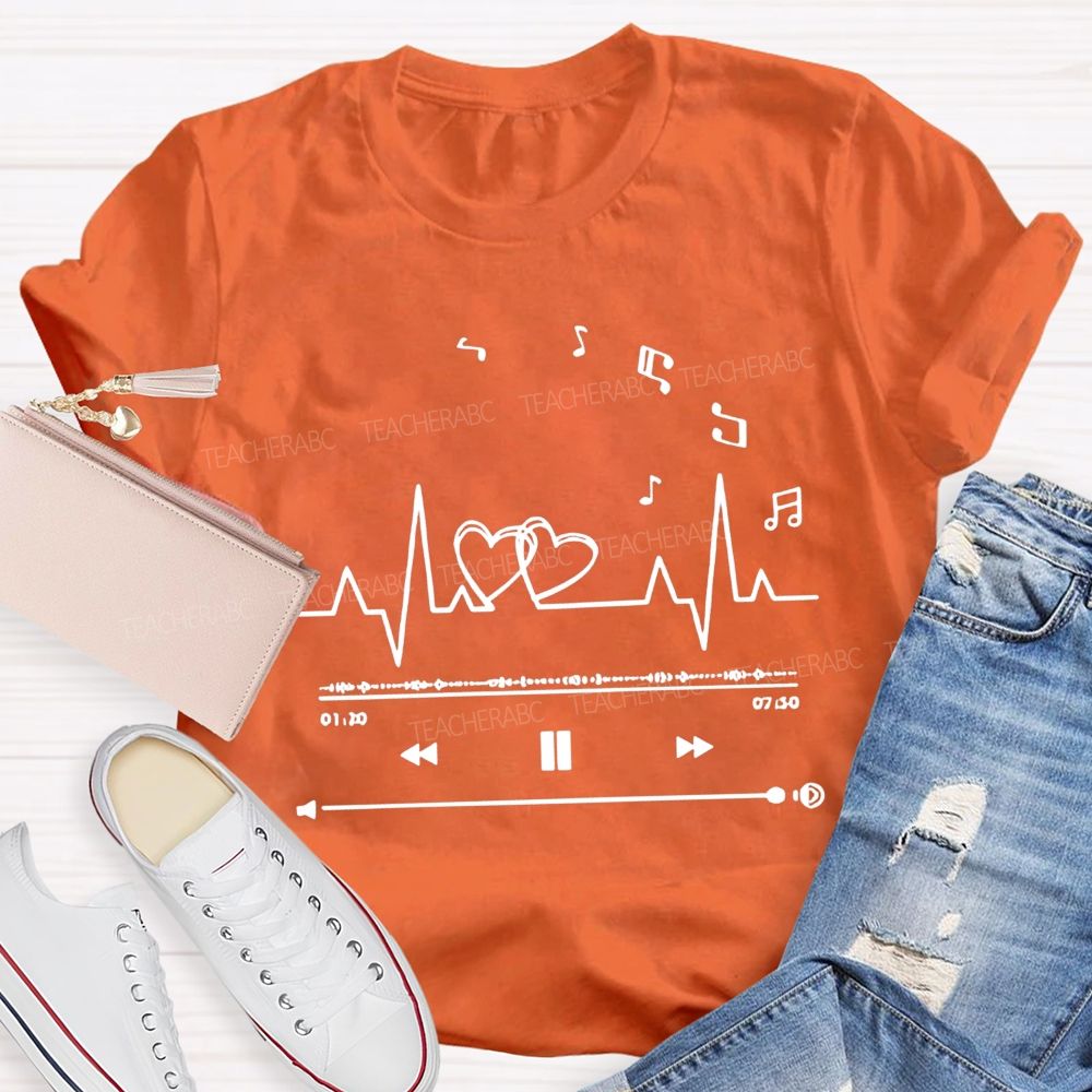 Heartbeat Music Player Double Hearts Musical Notes Teacher T-shirt