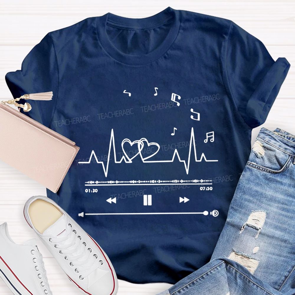 Heartbeat Music Player Double Hearts Musical Notes Teacher T-shirt