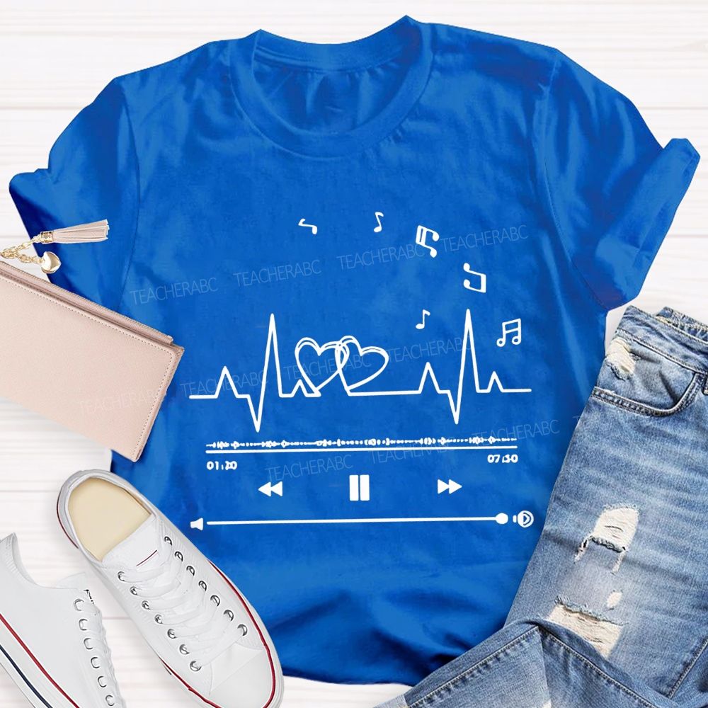 Heartbeat Music Player Double Hearts Musical Notes Teacher T-shirt