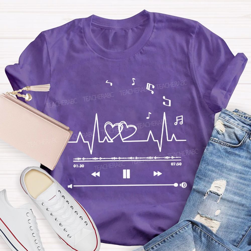 Heartbeat Music Player Double Hearts Musical Notes Teacher T-shirt