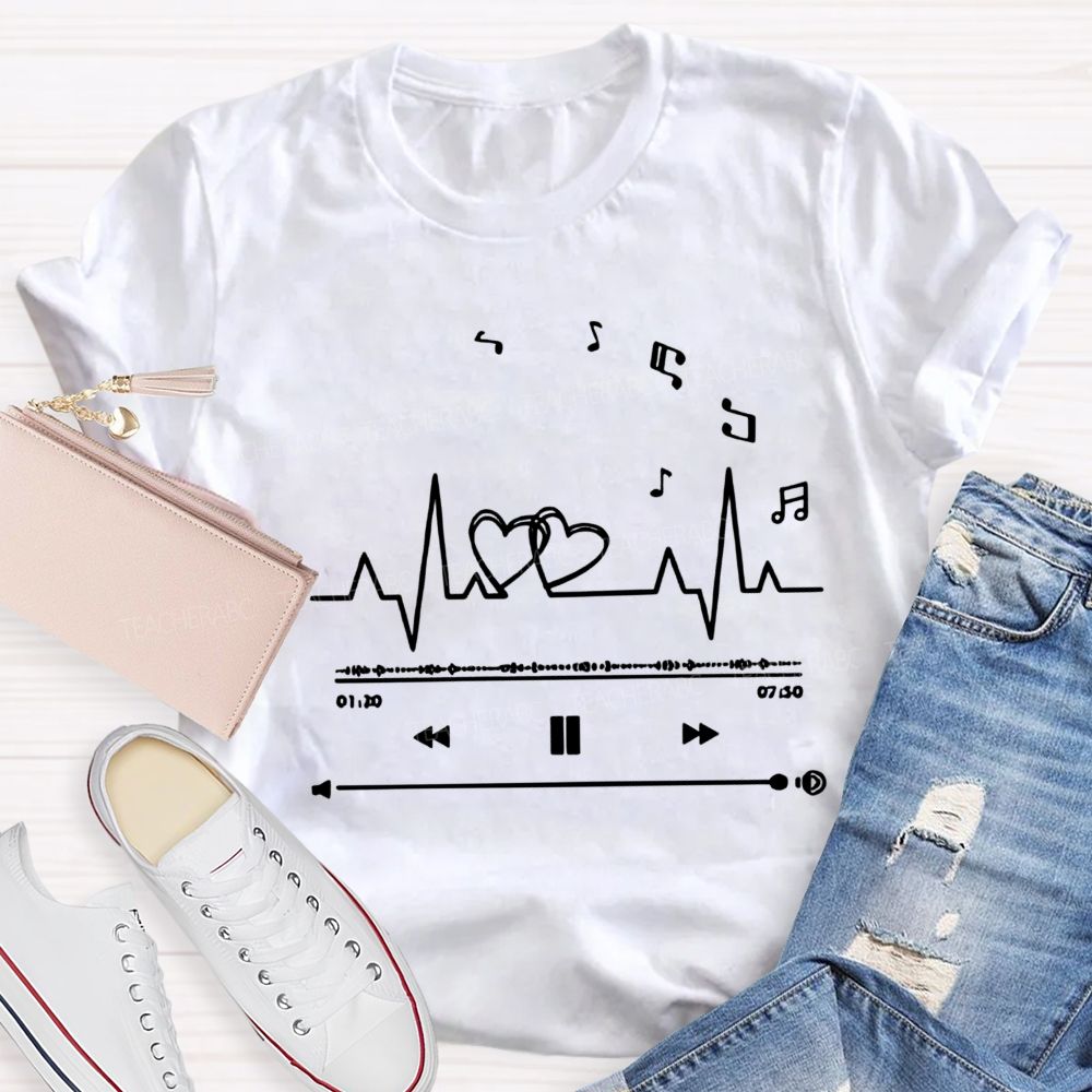 Heartbeat Music Player Double Hearts Musical Notes Teacher T-shirt