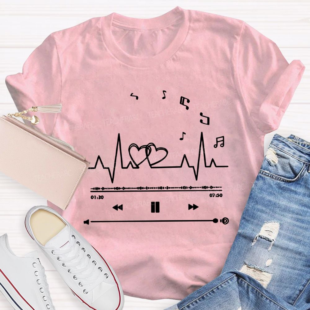 Heartbeat Music Player Double Hearts Musical Notes Teacher T-shirt