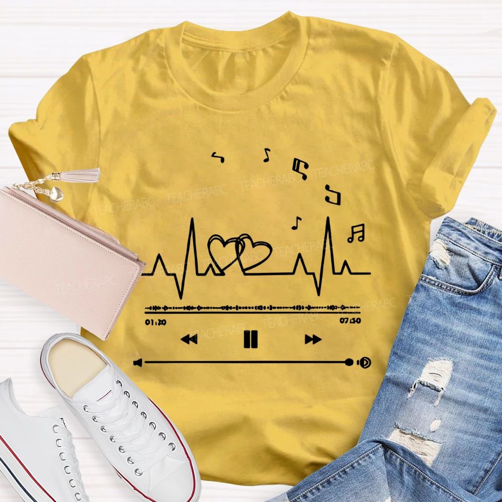 Heartbeat Music Player Double Hearts Musical Notes Teacher T-shirt