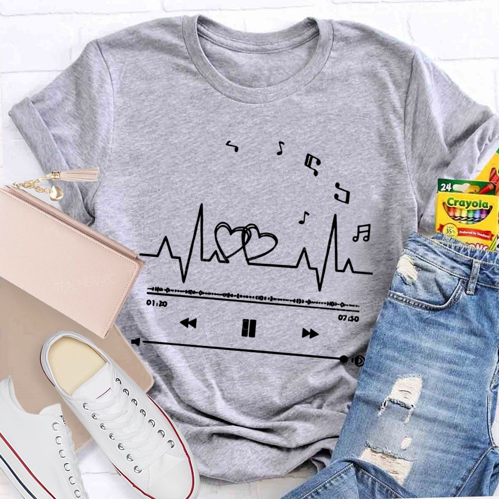 Heartbeat Music Player Double Hearts Musical Notes Teacher T-shirt