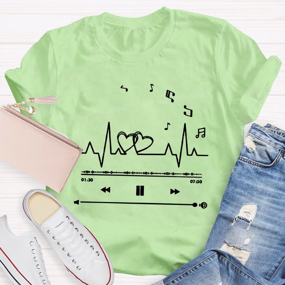 Heartbeat Music Player Double Hearts Musical Notes Teacher T-shirt