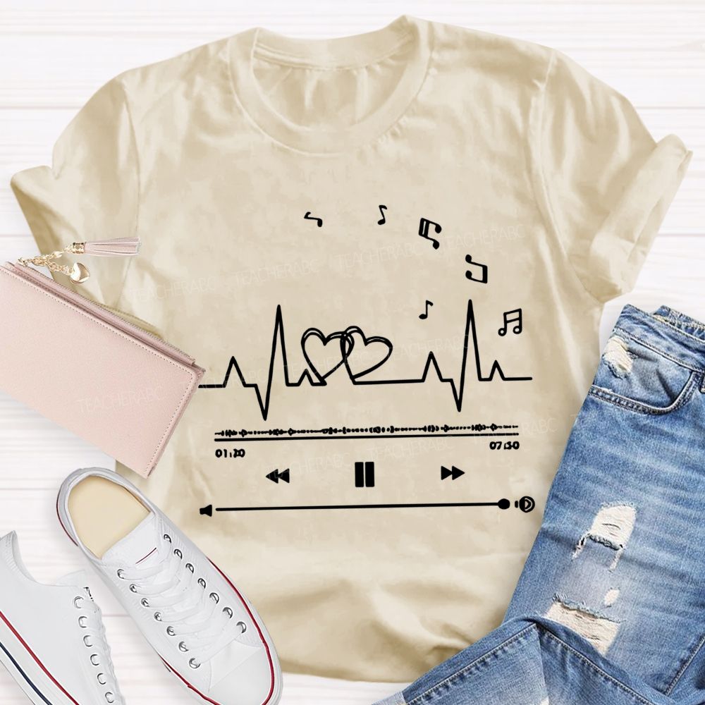 Heartbeat Music Player Double Hearts Musical Notes Teacher T-shirt