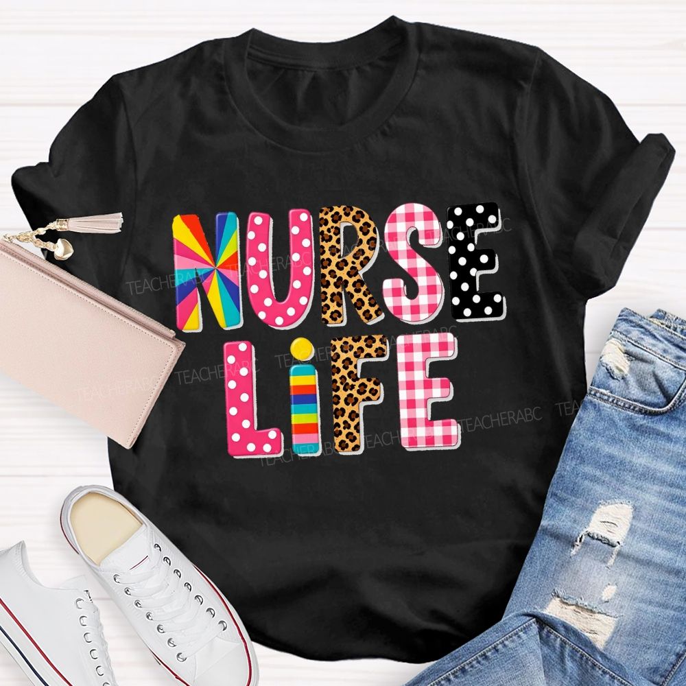 Nurse Life Pattern Letters Leopard Plaid Rainbow T-shirt
