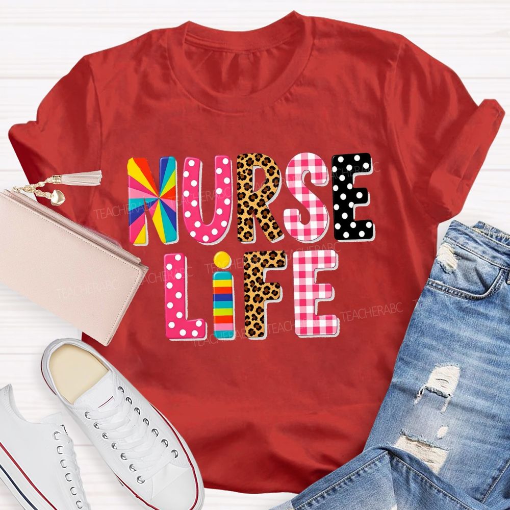 Nurse Life Pattern Letters Leopard Plaid Rainbow T-shirt