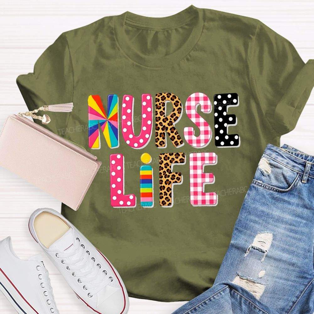 Nurse Life Pattern Letters Leopard Plaid Rainbow T-shirt