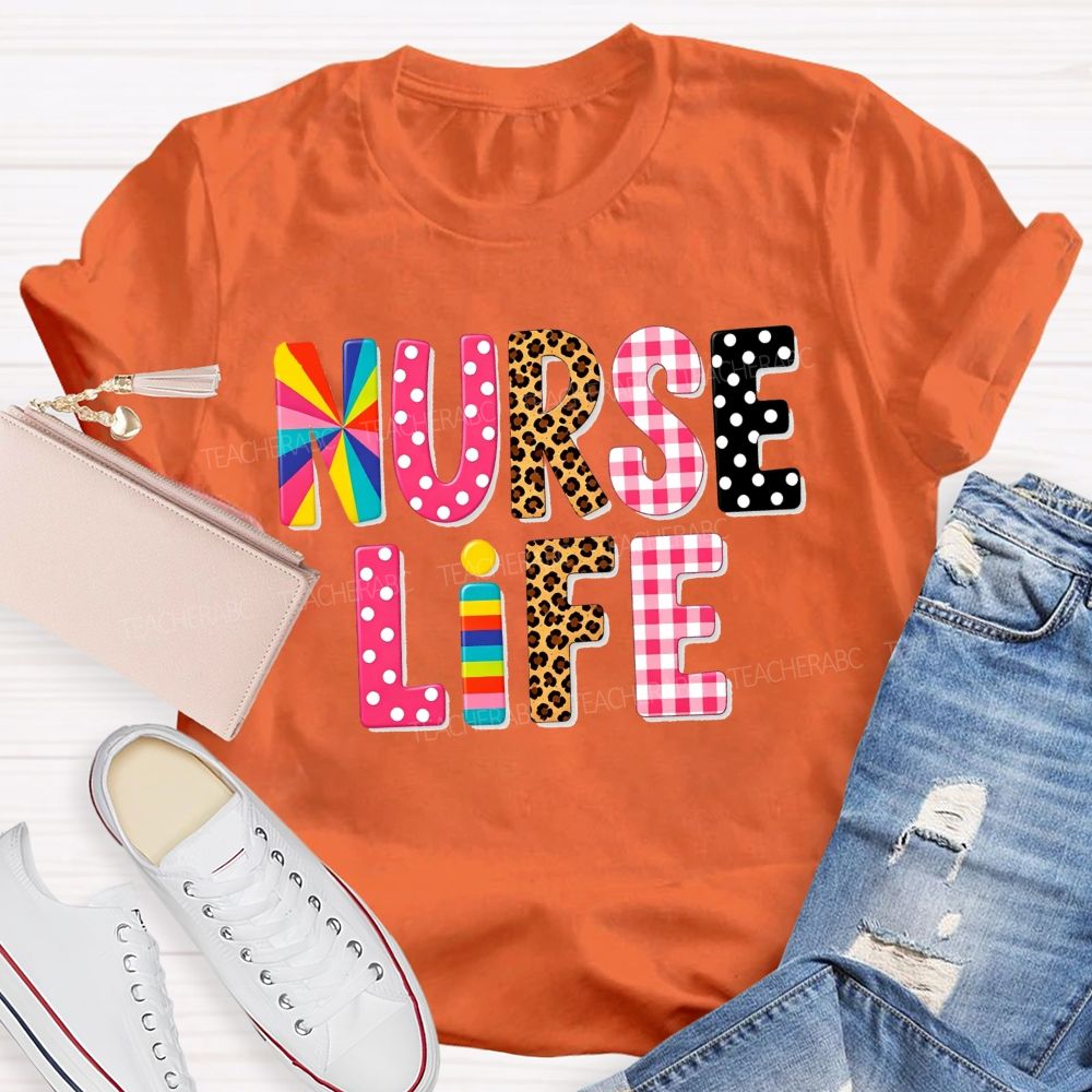 Nurse Life Pattern Letters Leopard Plaid Rainbow T-shirt
