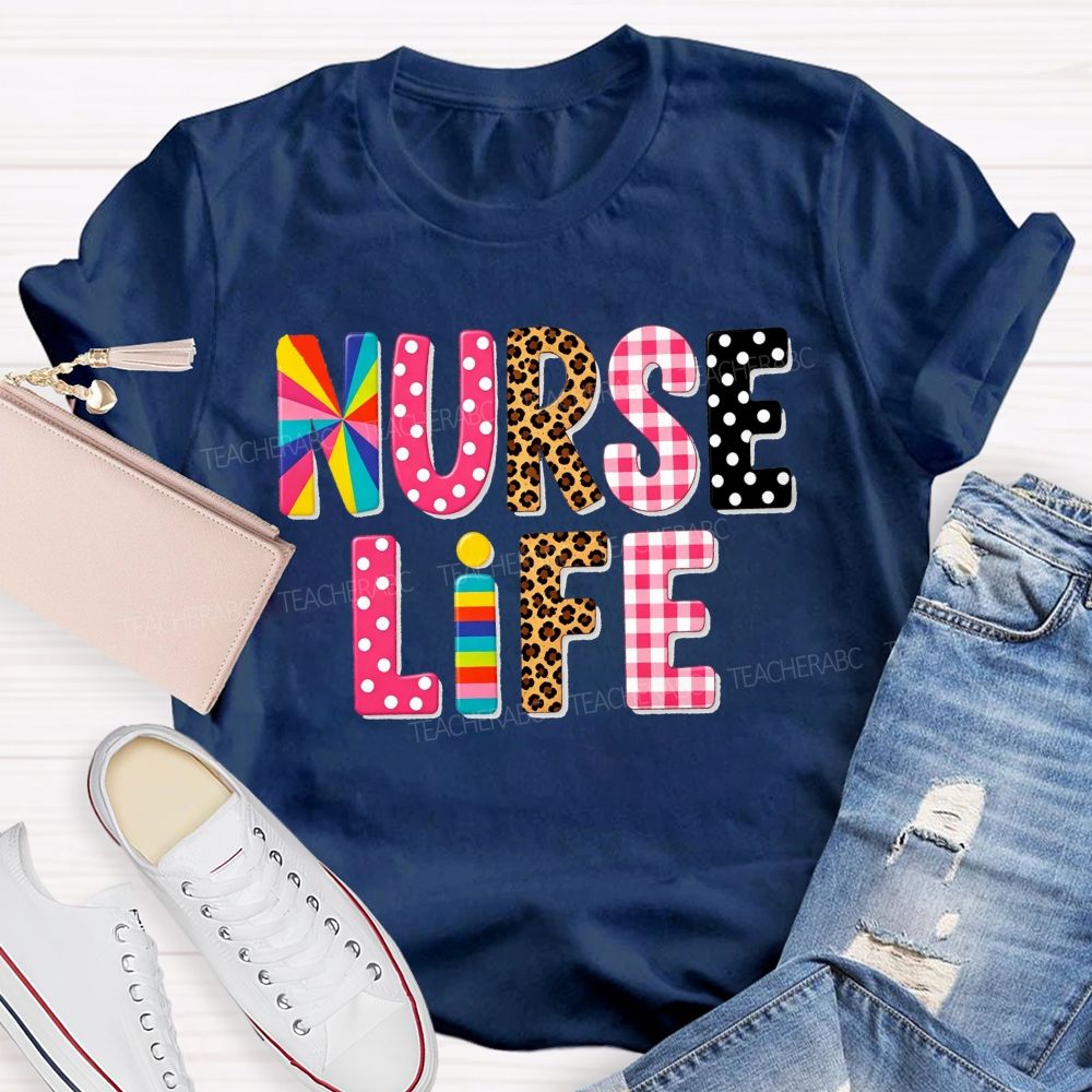 Nurse Life Pattern Letters Leopard Plaid Rainbow T-shirt