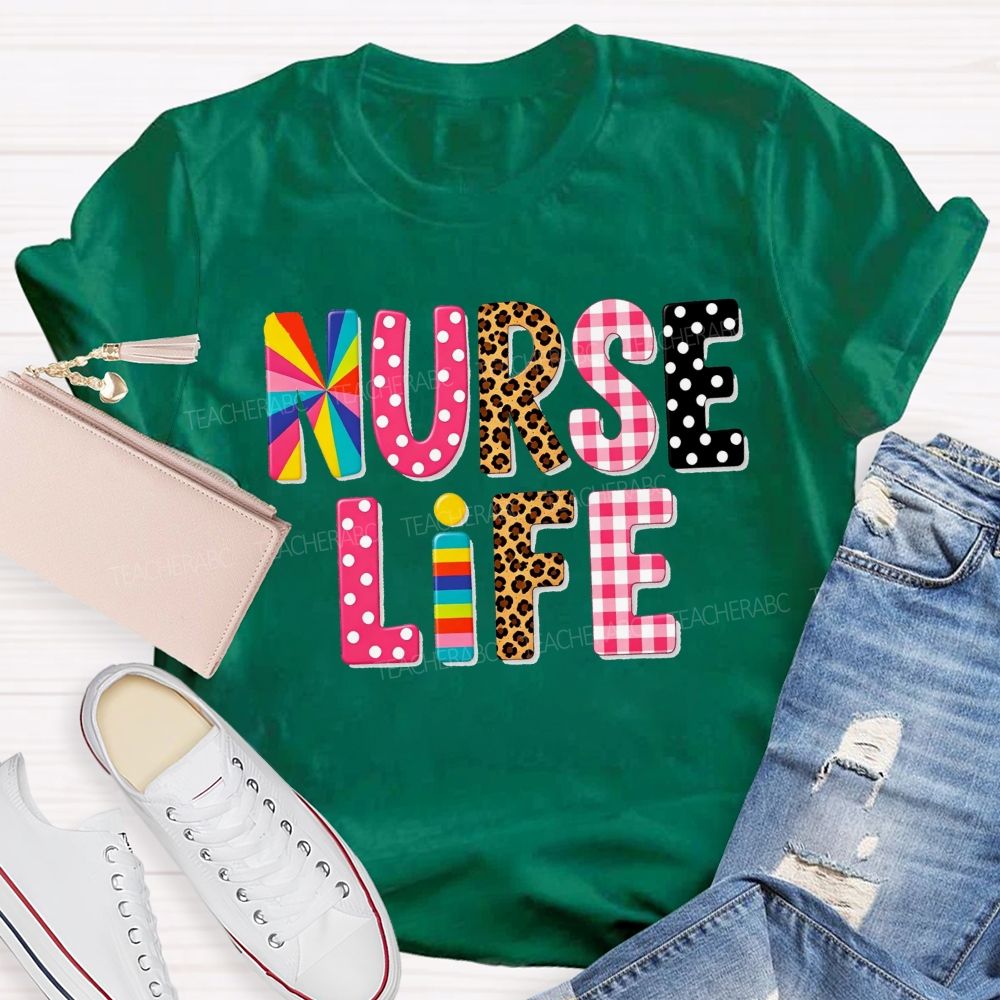 Nurse Life Pattern Letters Leopard Plaid Rainbow T-shirt