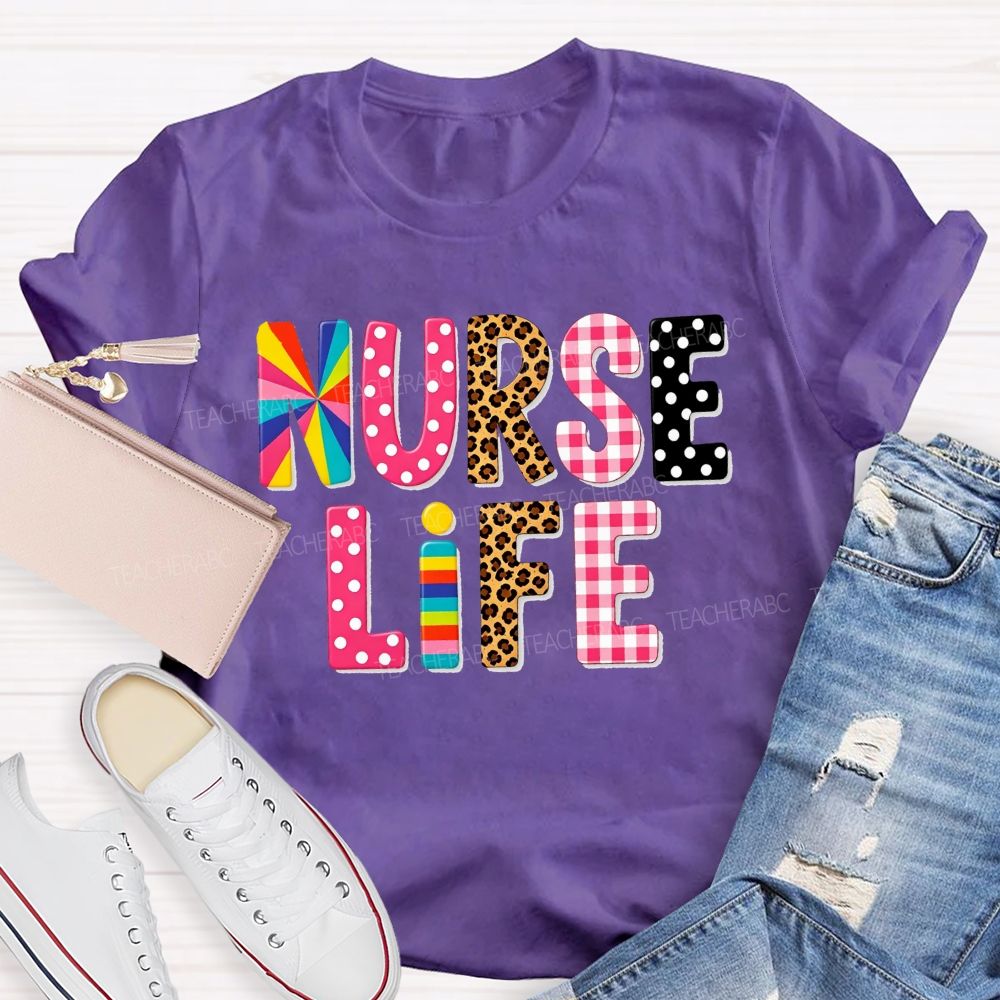 Nurse Life Pattern Letters Leopard Plaid Rainbow T-shirt