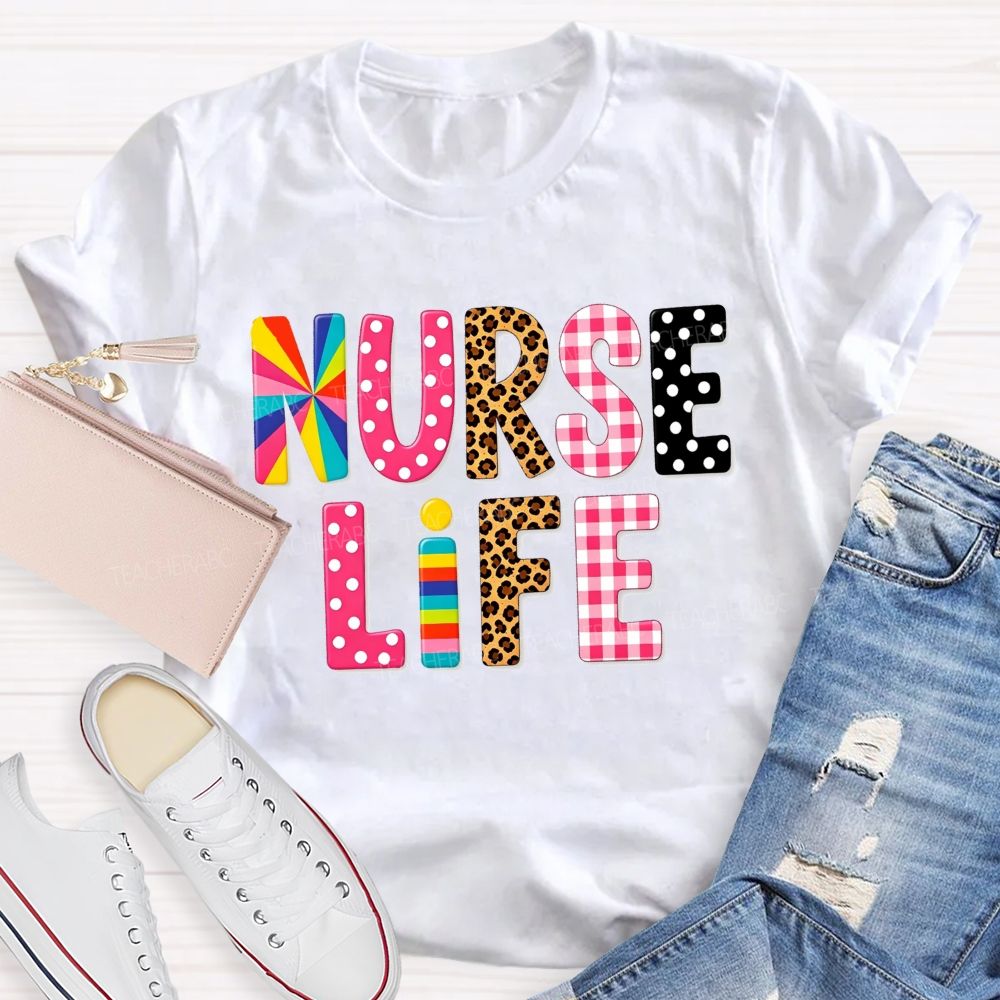 Nurse Life Pattern Letters Leopard Plaid Rainbow T-shirt