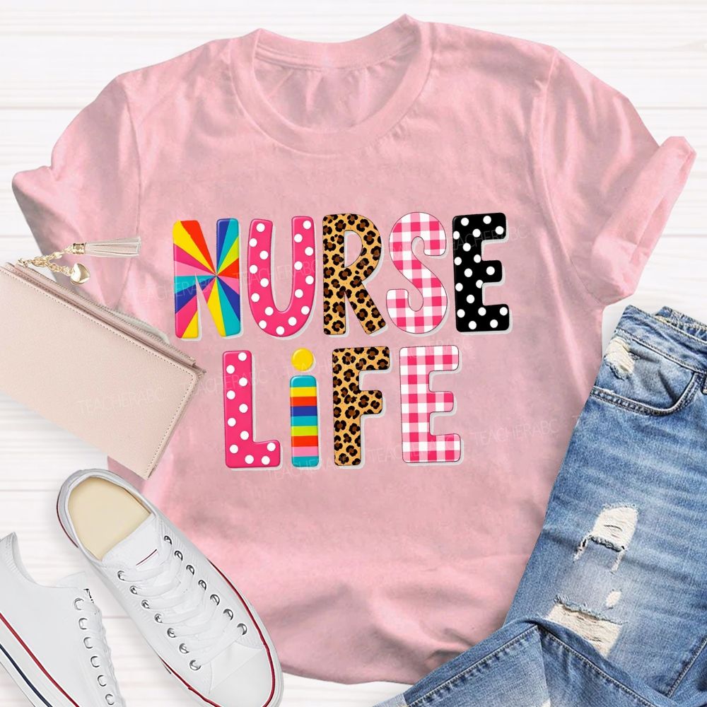 Nurse Life Pattern Letters Leopard Plaid Rainbow T-shirt
