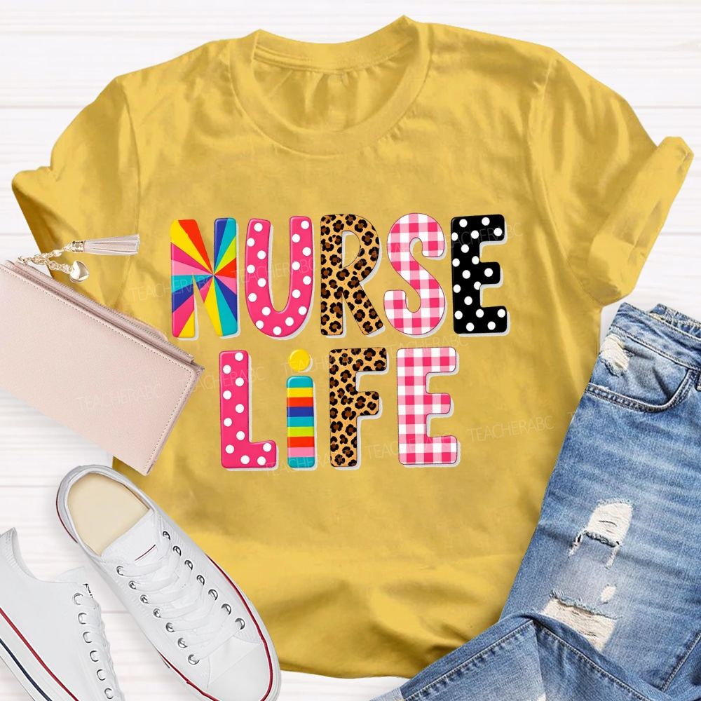 Nurse Life Pattern Letters Leopard Plaid Rainbow T-shirt