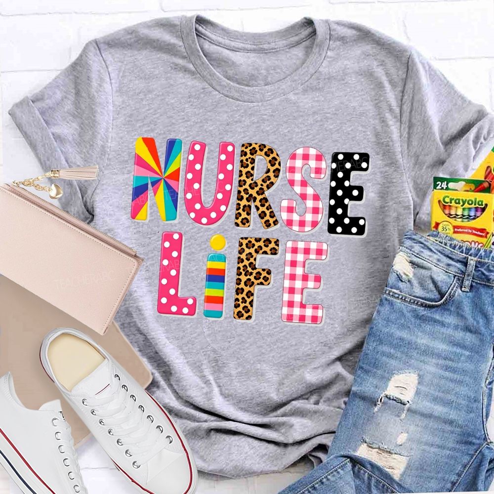 Nurse Life Pattern Letters Leopard Plaid Rainbow T-shirt