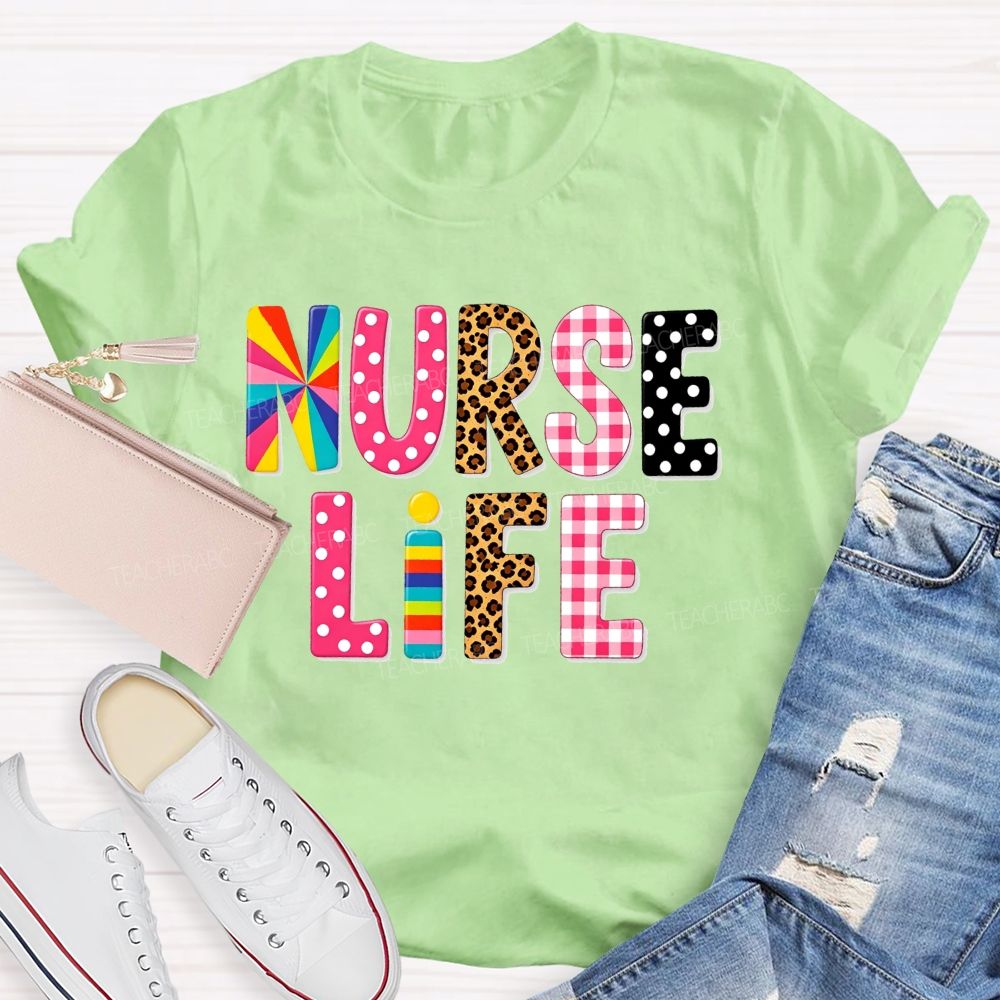 Nurse Life Pattern Letters Leopard Plaid Rainbow T-shirt