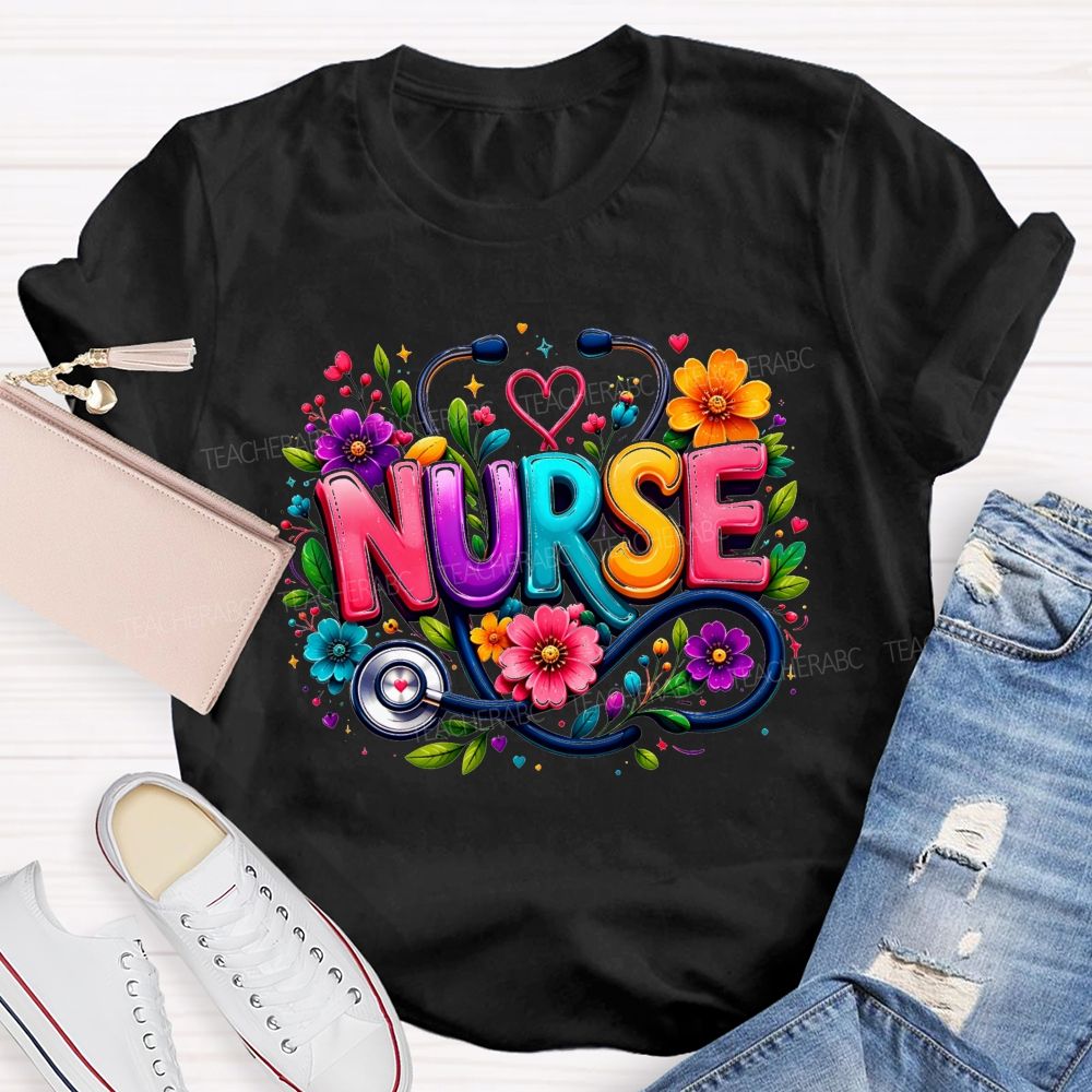 School Nurse Floral Stethoscope Colorful Nurse T-shirt