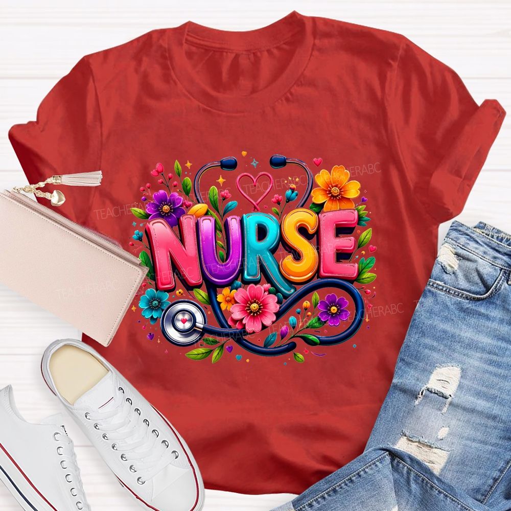 School Nurse Floral Stethoscope Colorful Nurse T-shirt