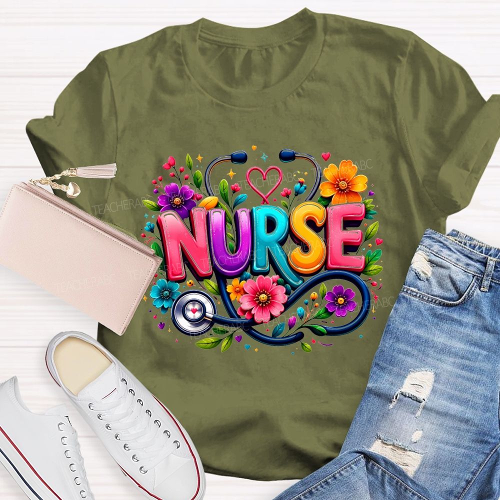 School Nurse Floral Stethoscope Colorful Nurse T-shirt