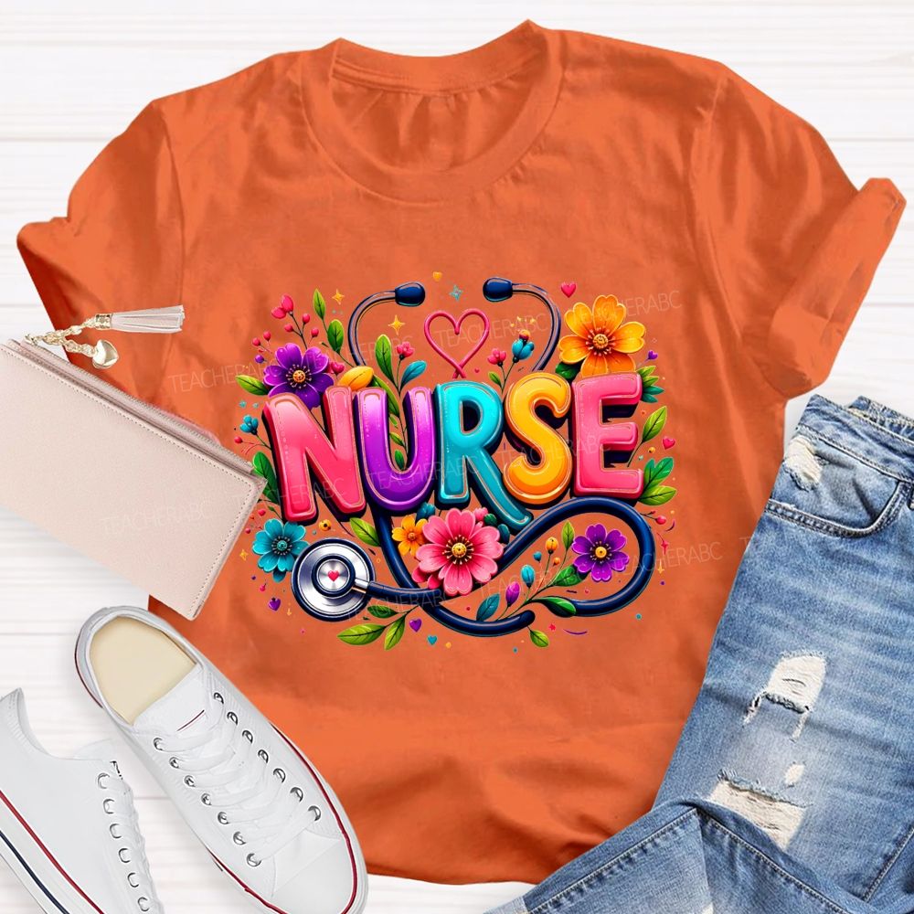 School Nurse Floral Stethoscope Colorful Nurse T-shirt