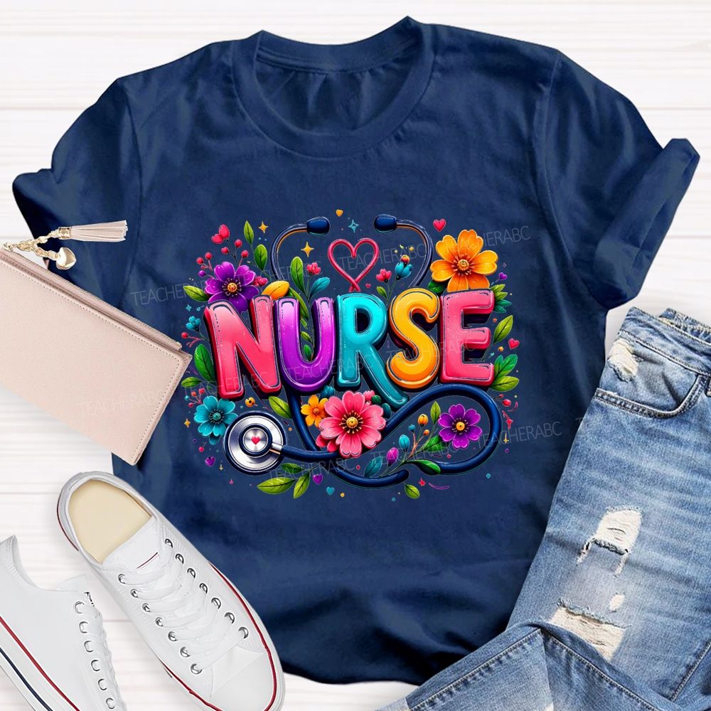 School Nurse Floral Stethoscope Colorful Nurse T-shirt