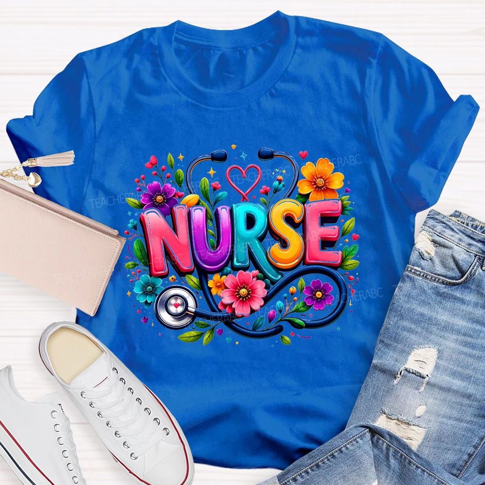 School Nurse Floral Stethoscope Colorful Nurse T-shirt