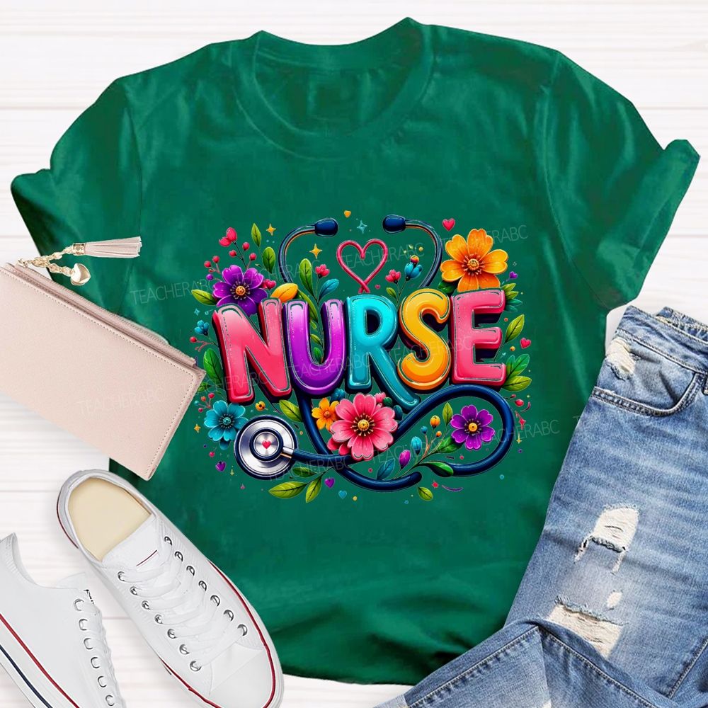 School Nurse Floral Stethoscope Colorful Nurse T-shirt
