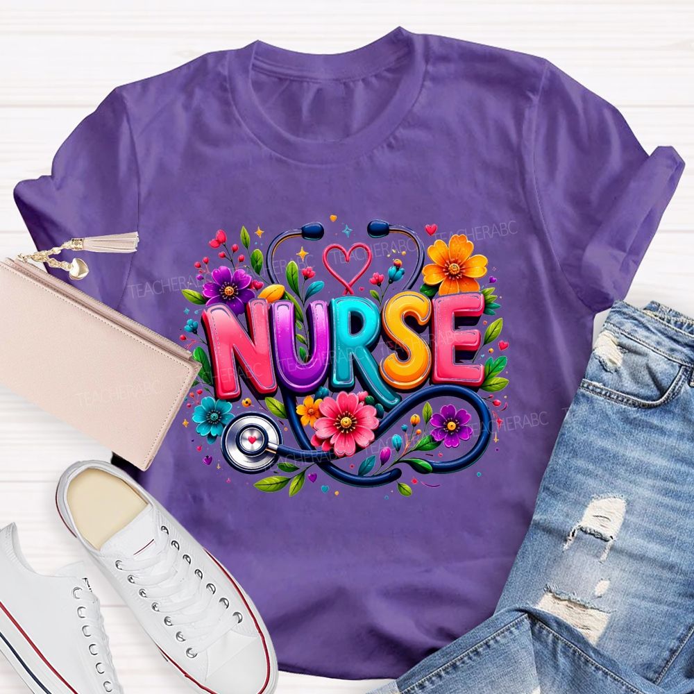School Nurse Floral Stethoscope Colorful Nurse T-shirt