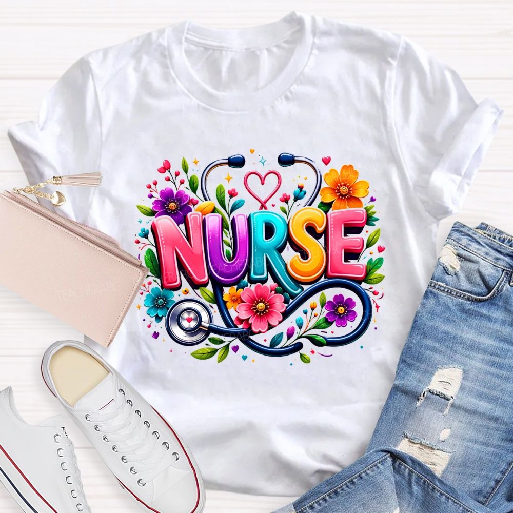 School Nurse Floral Stethoscope Colorful Nurse T-shirt