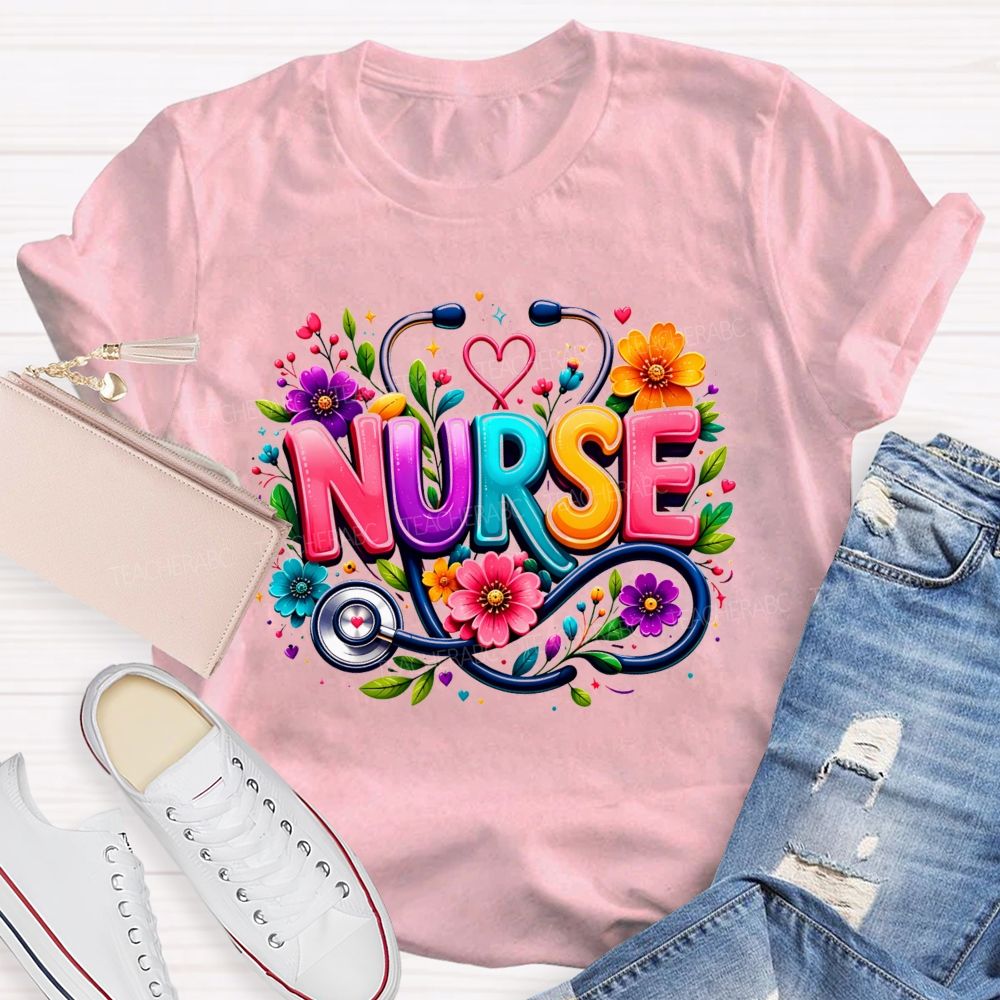 School Nurse Floral Stethoscope Colorful Nurse T-shirt