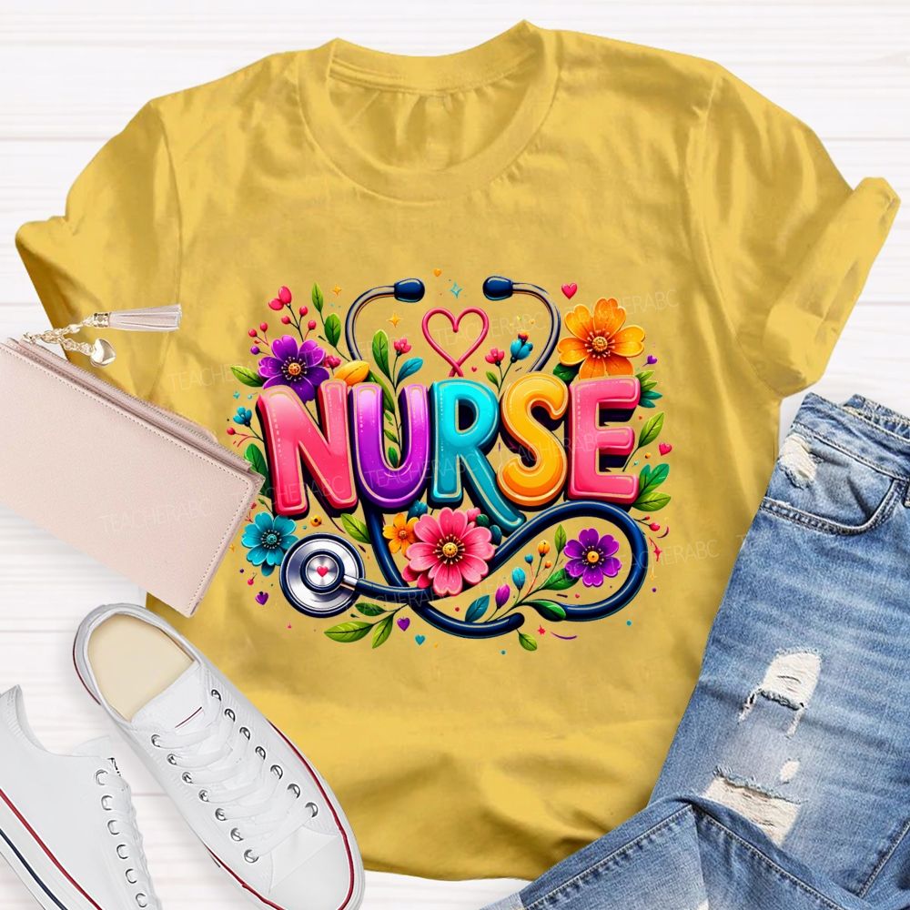 School Nurse Floral Stethoscope Colorful Nurse T-shirt
