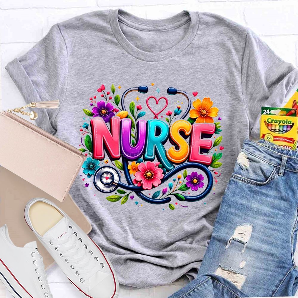 School Nurse Floral Stethoscope Colorful Nurse T-shirt