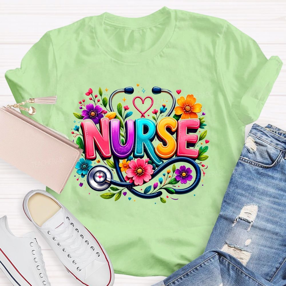 School Nurse Floral Stethoscope Colorful Nurse T-shirt