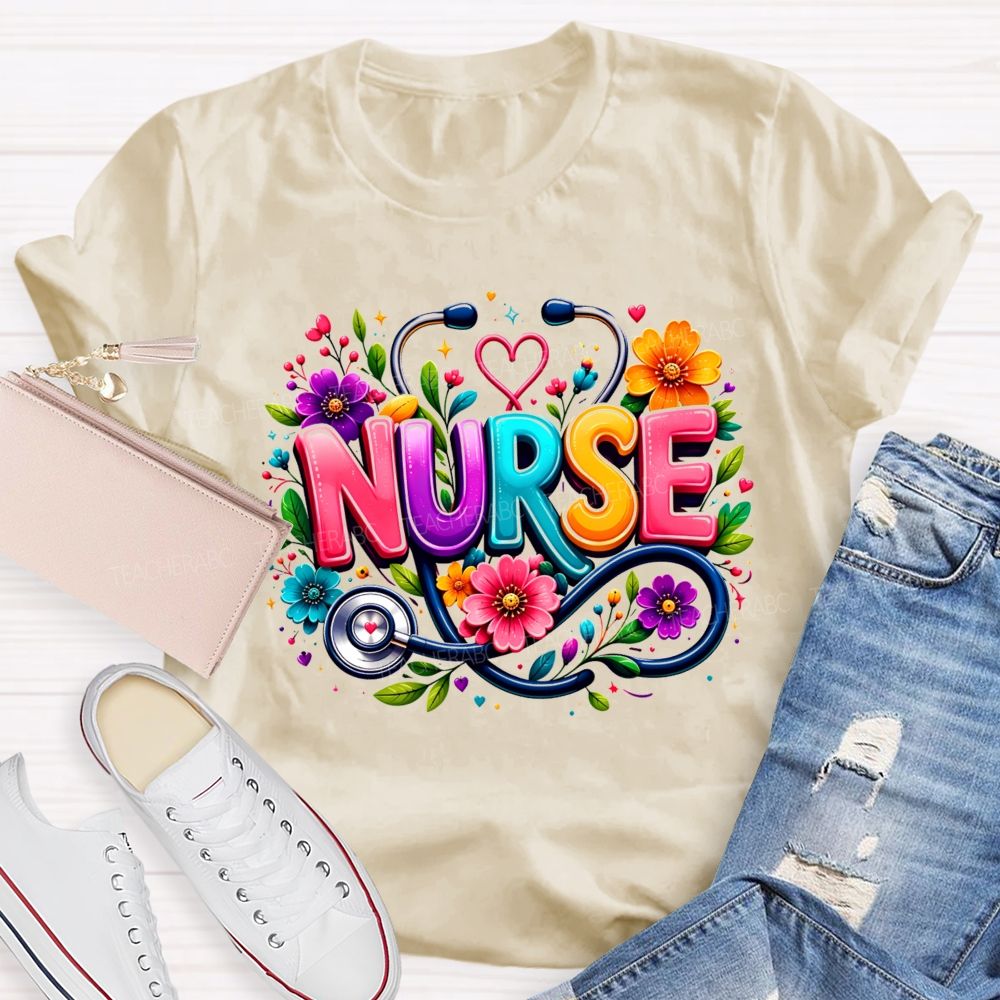 School Nurse Floral Stethoscope Colorful Nurse T-shirt