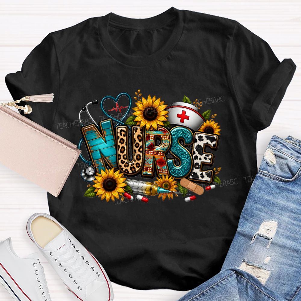 School Nurse Sunflower Leopard Letter Stethoscope T-shirt