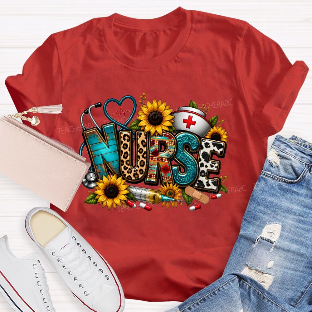 School Nurse Sunflower Leopard Letter Stethoscope T-shirt