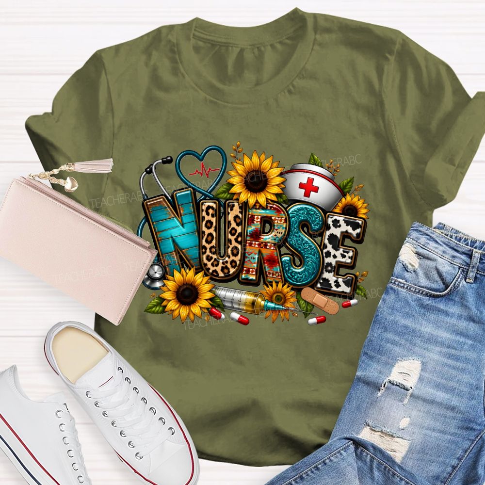 School Nurse Sunflower Leopard Letter Stethoscope T-shirt