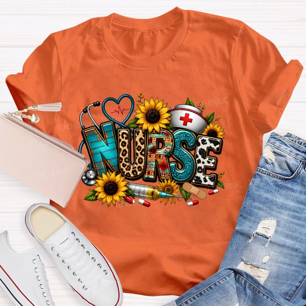 School Nurse Sunflower Leopard Letter Stethoscope T-shirt