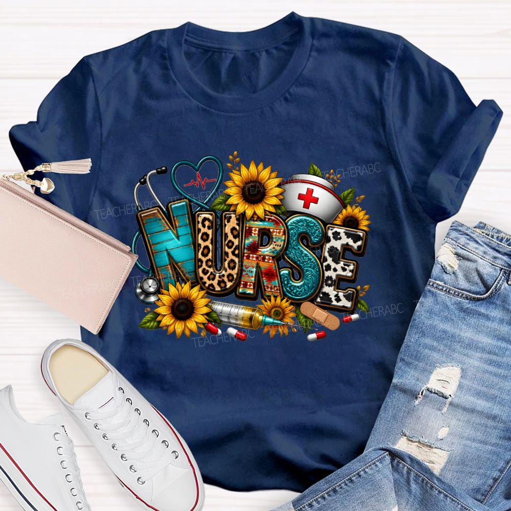 School Nurse Sunflower Leopard Letter Stethoscope T-shirt